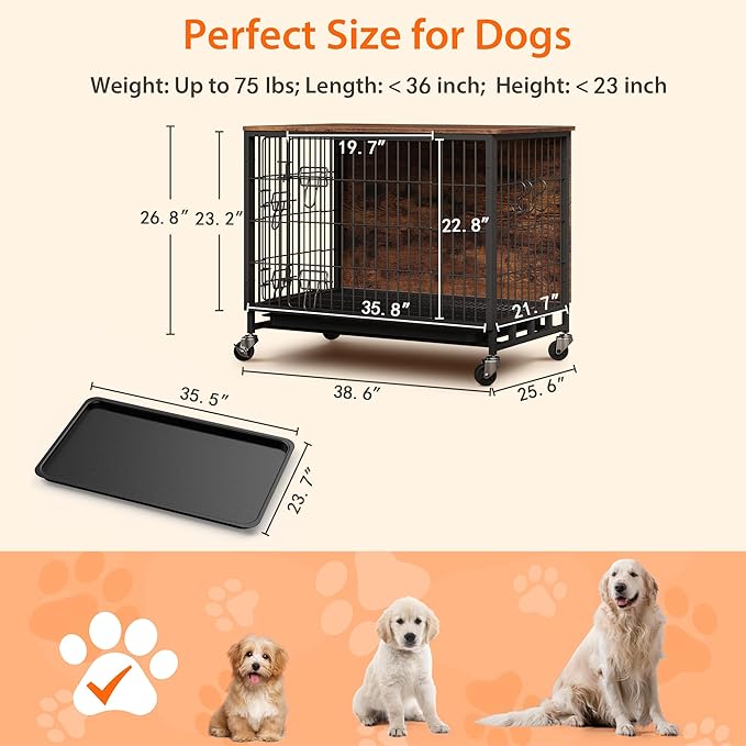 Dog Crate Furniture for Large Dogs, 38.6" L x 25.6" W x 26.8" H Indoor Kennel with Double Doors, Wheels & Removable Tray, Sturdy Dog Cage with Easy Assembly, Rustic Brown