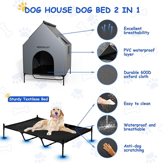 Nidouillet 48" Large Dog House for Outdoor or Indoor, Weatherproof 600D PVC Large Dog House with 8.5" H Textilene Elevated Dog Bed Breathable, Easy to Clean, Dog House Max 200lbs