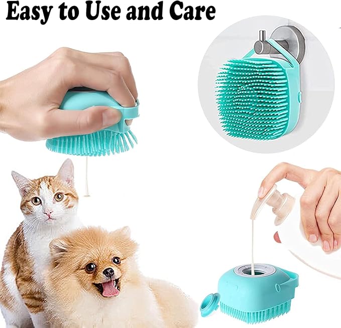 goodbark's Pet Grooming Bath Massage Brush with Soap and Shampoo Dispenser Soft Silicone Bristle for Long Short Haired Dogs Cats Shower (Blue)