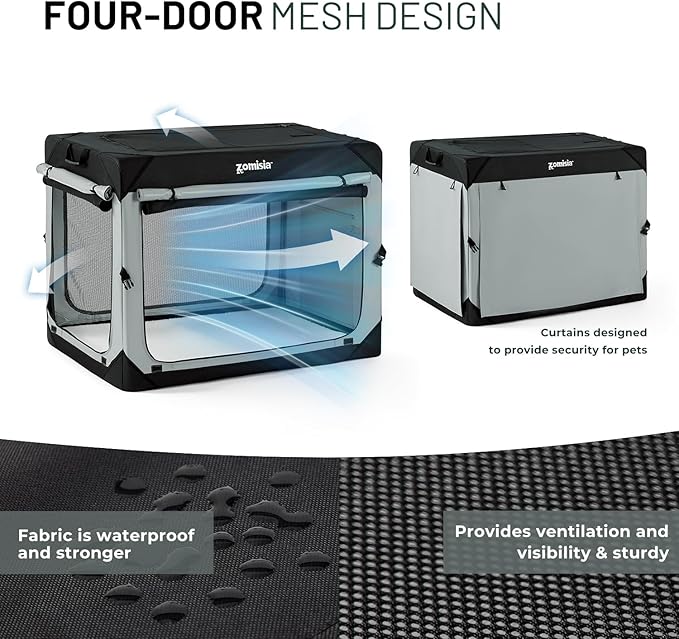 Collapsible Dog Crate for Medium Dogs - Portable Dog Travel Crate Soft Sided 30 Inch with Mesh Windows and 3-Door Curtains, Foldable Dog Kennel for Indoor and Outdoor, Grey