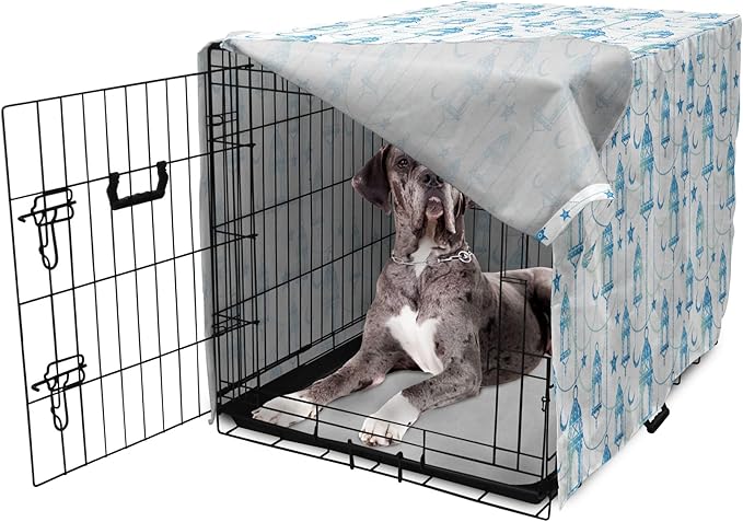 Lunarable Oriental Dog Crate Cover, Eastern Theme Celebration Pale Toned Composition Folkloric Look Print, Easy to Use Pet Kennel Cover for Medium Large Dogs, 48 Inch, Pale Green White Blue
