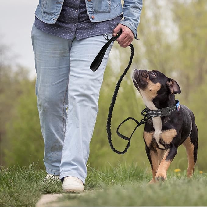 KCUCOP Tactical Dog Collar, Heavy Duty Dog Collar with Handle and Metal Buckle, Military Thick Dog Collars for Medium and Large Dogs(Black-Reflective Set-L, 1 Patch)