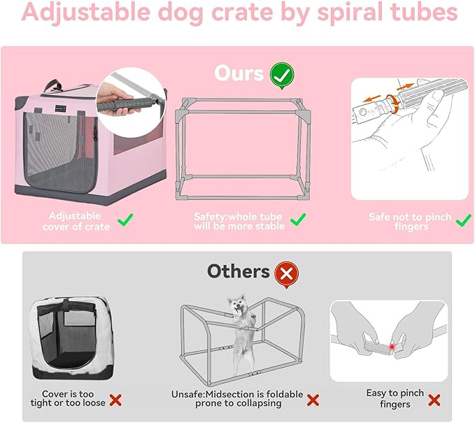 PETSFIT Soft Sided Dog Crate, with Patented Adjustable Fabric Cover, Chewproof & Lockable Mesh Doors, Waterproof Base Collapsible Kennel Pink 40 Inch