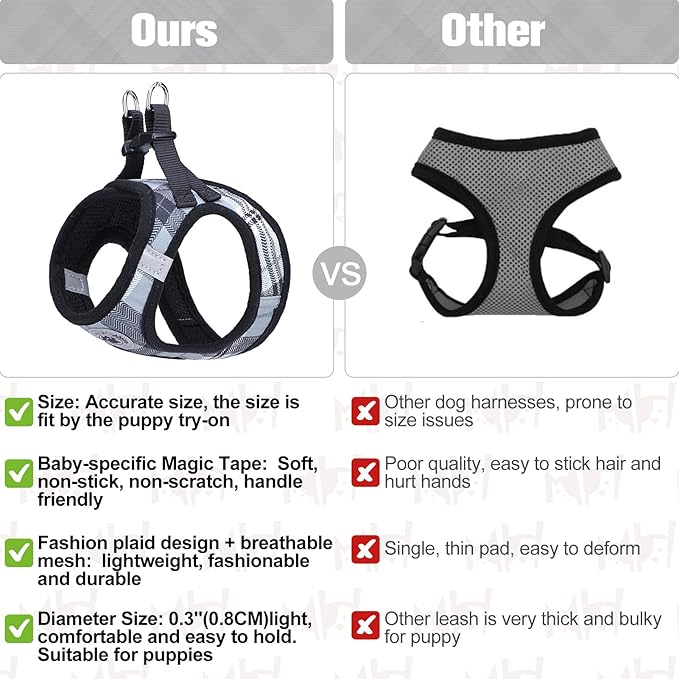 BEAUTYZOO Small Dog Harness and Leash Set,Step in No Chock No Pull Soft Mesh Dog Harnesses Reflective for Extra-Small/Small Medium Puppy Dogs and Cats, Plaid Dog Vest Harness for XS S Pets, Grey XS
