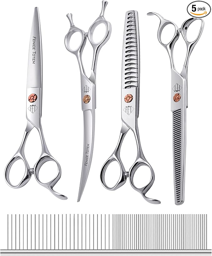 Dog Grooming Scissors: 5 in 1 Pet Shears Set Made Of Japanese 440c Advanced Stainless Steel Professional Grooming Scissors for Dogs Cats and Other Pets