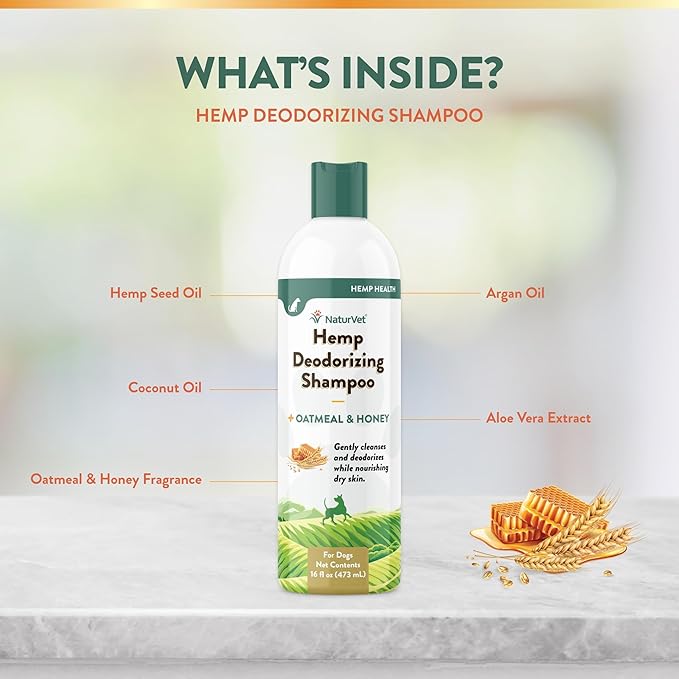 NaturVet – Hemp Deodorizing Shampoo for Dogs - Plus Oatmeal & Honey – 16 oz – Gently Cleanses & Deodorizes Skin & Coat – Enhanced with Hemp Seed Oil, Coconut Oil & Aloe Vera Extract
