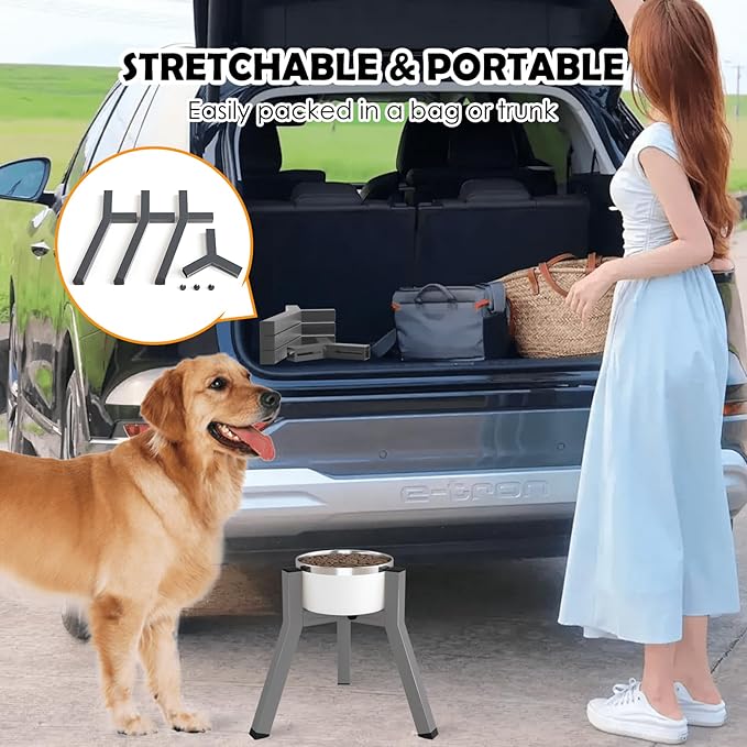 Dog Bowl Stand, Adjustable Width for 7-10.6'' Bowls, Raised Dog Food & Water Bowls, 11'' Tall, Grey (Bowl Not Included)