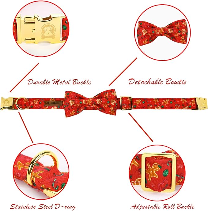 MR. CHUBBYFACE Christmas Gingerbread Man Dog Collar Gift for Boy Girl Dogs Adjustable Dog Collar Bowtie for Small Medium Large Dogs