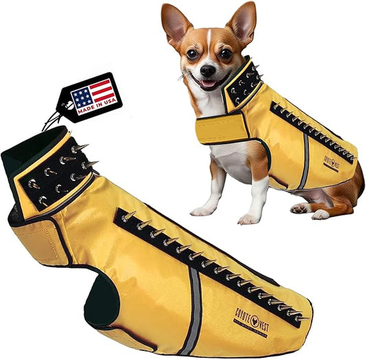 CoyoteVest SpikeVest Dog Harness Vest for Small Dogs, Reflective Dog Vest with Spikes to Shield Your pet from Coyotes, Raptor and Animal Attacks, Anti Hawk Vest, Made in USA (L-Yellow)