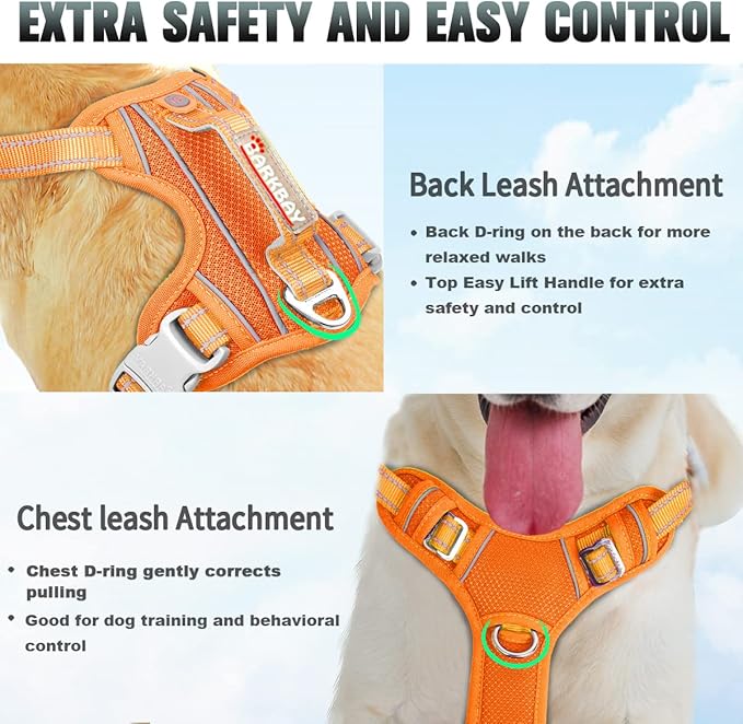 BARKBAY No Pull Dog Harness Large Reflective Dog Harness with Front Clip and Easy Control Handle for Walking Training Running with ID tag Pocket(Orange,M)