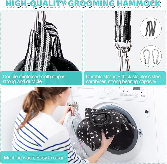 Pet Grooming Hammock Harness with Nail Clippers/Trimmer, Nail File, Comb, Cute Printed Breathable Cats & Dogs Hammock Sling for Grooming (XL, Black)