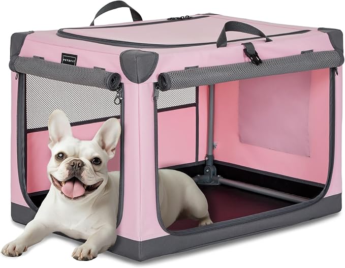 PETSFIT Travel Dog Crate, with Patented Adjustable Fabric Cover, Chewproof & Lockable Mesh Doors, Waterproof Base Portable Kennel Pink 26 Inch