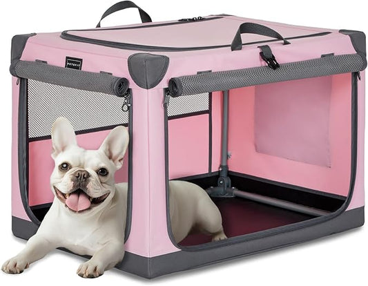 PETSFIT Travel Dog Crate, with Patented Adjustable Fabric Cover, Chewproof & Lockable Mesh Doors, Waterproof Base Portable Kennel Pink 26 Inch