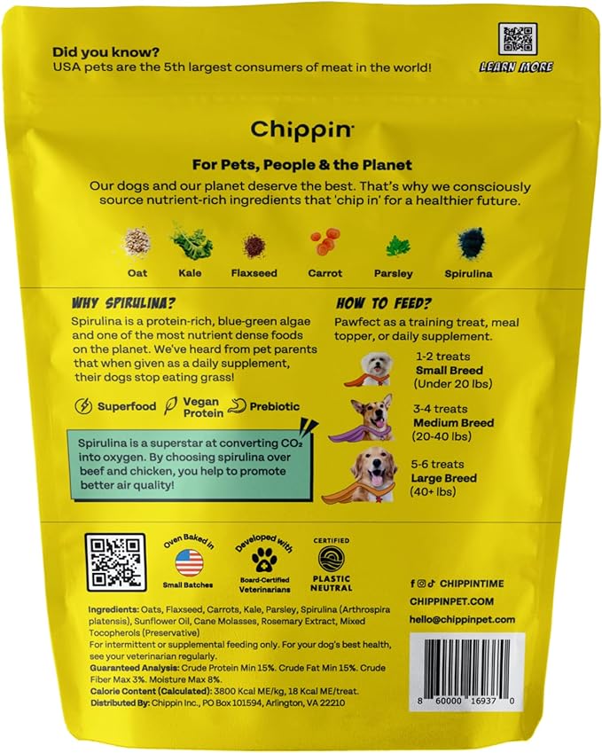 Chippin Plant-Based Spirulina Healthy Supplement & Dog Treat (5oz, 1-Pack) | Stop Grass Eating | Hypoallergenic, Chicken-Free Vegan Protein | 100% Made in USA