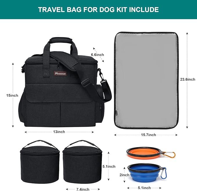 Modoker Dog Travel Bag Dog Travel Kit for a Weekend Away Set Includes Pet Travel Bag Organizer for Accessories, 2 Collapsible Dog Bowls, 2 Travel Dog Food Container (Black)