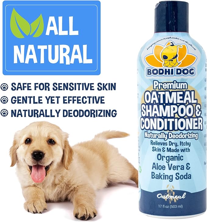 Bodhi Dog Grooming Bundle - Oatmeal Shampoo & Conditioner with Bath Brush - Pet Shower Supplies for Cats & Dogs - Gentle Care for Long, Short & Curly Hair, Safe and Effective, Made in USA
