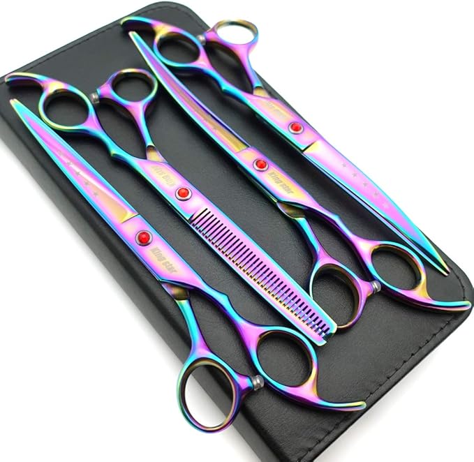 7.0in Titanium Rainbow Professional Pet Grooming Scissors Set,Straight & Thinning & Curved Scissors 4pcs Set for Dog Grooming,(Rainbow)