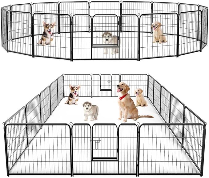 Dog Playpen, 16 Panel 24” Height Puppy Fence Exercise Pen for Yard Gate, Indoor Outdoor Heavy Duty Anti-Rust Metal Playpens with Doors Portable for RV Camping - Small/Medium/Large Pets