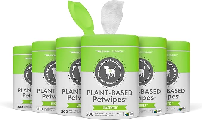 Petkin Plant-Based PetWipes, 200 Wipes, 6 Count - Biobased, Sustainable, Big & Thick Pet Wipes for Dogs & Cats - for Face, Paws, Ears, Body & Eye Area - Consciously Cleans & Conditions - Unscented