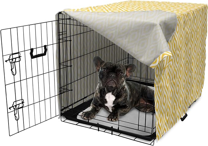 Lunarable Yellow Dog Crate Cover, Geometric Pattern with Ogee Shapes Waves and Curves Design Modern Boho Print, Easy to Use Pet Kennel Cover for Cats & Medium Dogs, 24 Inch, Yellow and White