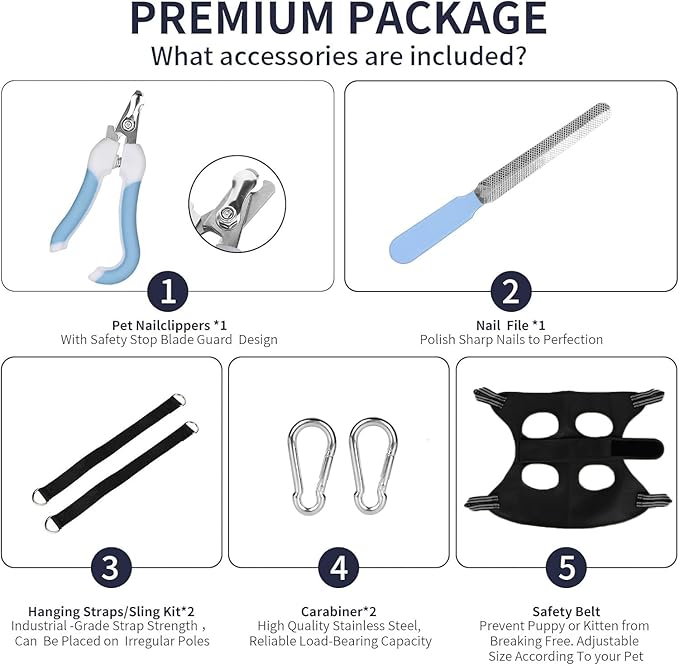 Cat/Dog Grooming Hammock Hanging Harness,Pet Grooming Restraint Sling with Wide Strap Anti Scratch&Bite,for Nail Trim/Take Eye/Ear Care with Nail Clipper/Nail File Pet Grooming Supplies Kit-L