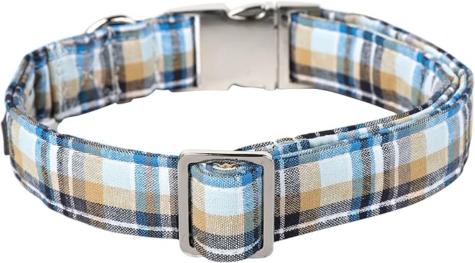 Lionet Paws Boy Dog Collar, Comfortable Adjustable Cute Blue Plaid Collar with Metal Buckle for Male Puppies and Cats Gift, XS, Neck 8-12 inches