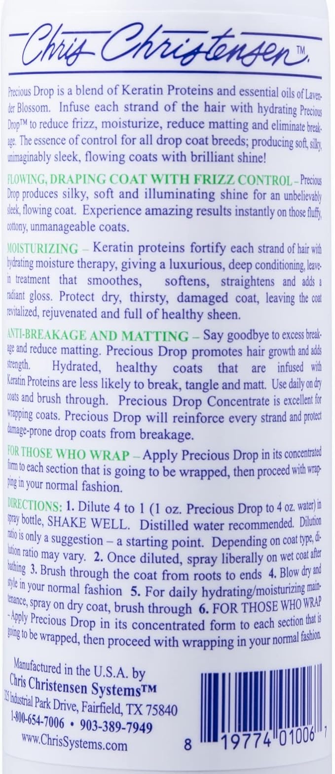 Chris Christensen Precious Drop Concentrate Dog Conditioner, Groom Like a Professional, Reduces Frizz & Matting, 16 oz