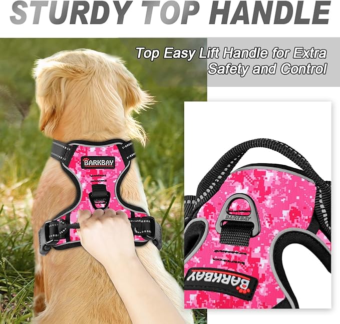 BARKBAY No Pull Dog Harness Front Clip Heavy Duty Reflective Easy Control Handle for Large Dog Walking(Pink camo,S)