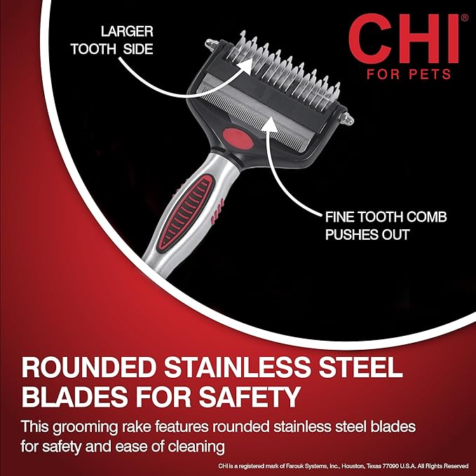 CHI for Dogs 2-in-1 Dematting Deshedding Rake, Flip-Out Fine Rake for Deshedding and Smoothing, Large Rake for Dematting Dogs; Dog Grooming Tool for Mats and Knots