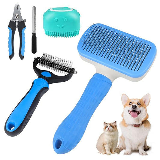5 Piece Dog Grooming Kit -Undercoat Comb Dog Brush for Shedding,Self Cleaning Slicker Brush,Dog Nail Clippers,Bath Brush,Professional Pet Grooming Tools for All Breeds -Gentle & Easy to Use