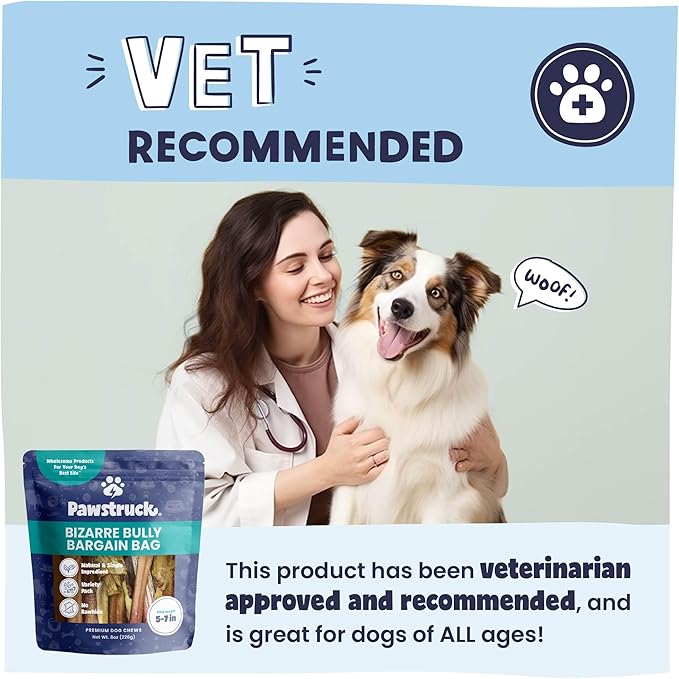 Pawstruck Natural Bizarre Bully Sticks Bargain Bag for Dogs & Puppies - Variety Pack of 5-7" Long Lasting Eco-Conscious Beef Chew Treats - 8 oz. Bag - Packaging May Vary