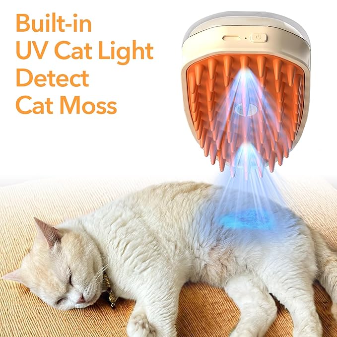 4-in-1 Pet Steam Vibrating Brush, Nano Steamy Brush for Shedding, Hair Remover, Wood's Lamp, Dog Detangler Spray Dematting, Cloud Care Water Brush for indoor Cat & Dog (UV + Vibration)