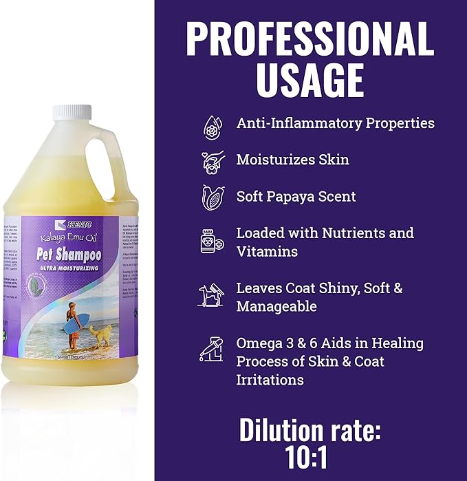 Kenic Kalaya Moisturizing & Restorative Emu Oil Dog Shampoo, Repairs and Restores Skin & Hair, Soap & Paraben Free, Made in USA, for Dogs & Cats, 1 Gallon