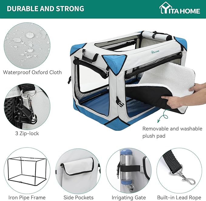 YITAHOME Collapsible Dog Crate, 4-Door Portable Travel Dog Crate, 4-Door Folding Soft Dog Kennel with Breathable Mesh Windows & Soft Mat，Indoor & Outdoor Use, 42" L x 31" W x 31" H, Flat Style