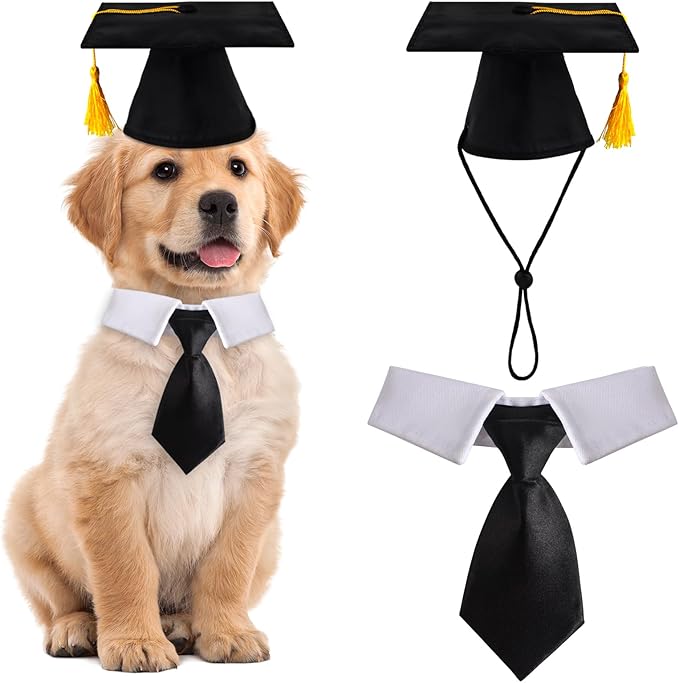 FOIMAS Dog Graduation Hats,Pet Graduation Caps Adjustable with Yellow Tassel and Necktie Collar for Dog Cat Graduation Hats Costume Accessory