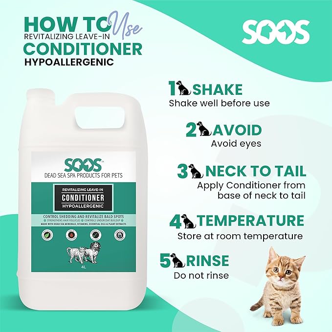 Soos Pets Pet Conditioner Natural Dead Sea Hypoaller-genic Revitalizing Leave-in Deeply Absorbing with Vitamins Essential Oils Natural Elements for Dogs and Cats - 1x Pet Conditioner (4L / 1.32 gal)