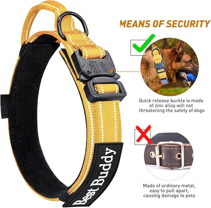 AUBELL Reflective Tactical Dog Collar, Adjustable Military Nylon Dog Collar with Handle and Heavy Duty Metal Buckle for Medium Large Extra-Large Dogs, with Airtag Case and 2 Patches(Yellow, XL)