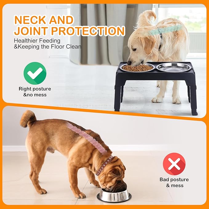 Elevated Dog Bowls - Raised Stand With 2 Stainless Steel and 1 Slow Feeder Bowl, Adjustable 5 Heights for Medium Large Dogs, Non-Slip, Black