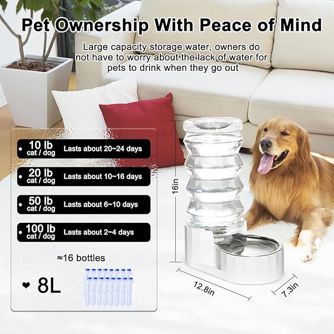RIZZARI Upgraded 8L Automatic Gravity Dog Water Bowl Dispenser, 100% BPA-Free, Stainless Steel Cat Water Dispenser, Large Capacity Water Dispenser with Two Caps and Filters (Pure White,8L)