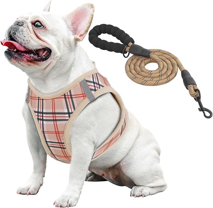 Athena Collection Step-in Dog Harness with 5 ft Leash, Medium Dog Harness Leash Set Large No Pull Dog Vest Harness with Reflective Strips Adjustable Velcro, Easy Walk Dog Harness, Beige