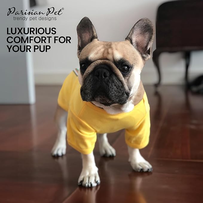 Parisian Pet Dog Shirt - Embroidered ?œMustard on My Food??- 100% Cotton and Polyester Dog Clothes - Sleeved, Lightweight Costume for Dogs - Yellow Dog Shirts for Small Dogs - Pet Costumes - S