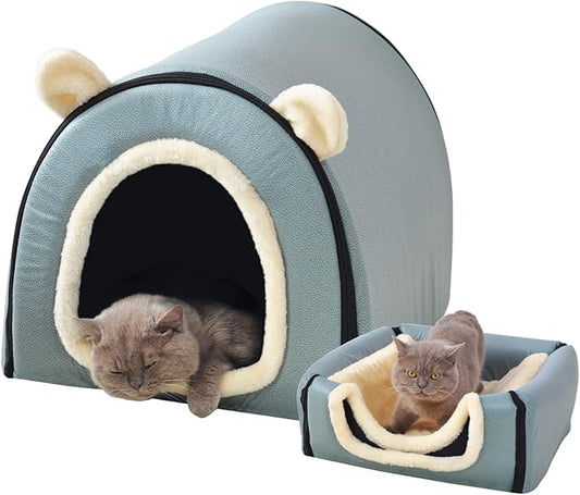 Cat Bed or Dog Bed,2 Ways to Use,Indoor Pet House with Fluffy Mat,Removable and Washable Cover,Splash-Proof House and Non-Slip Bottom,for Cats and Small Dogs(S Light Blue Faux Leather)