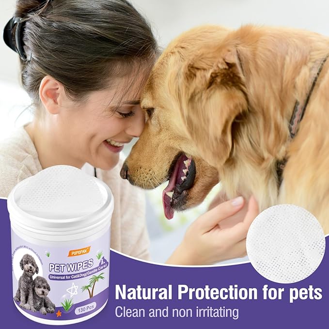 Dog Eye Wipes, 130 Count Universal Cat and Dog Tear Stain Remover Wipes, Hypoallergenic Natural Grooming Wipes for Pets Eyes Ears Nose