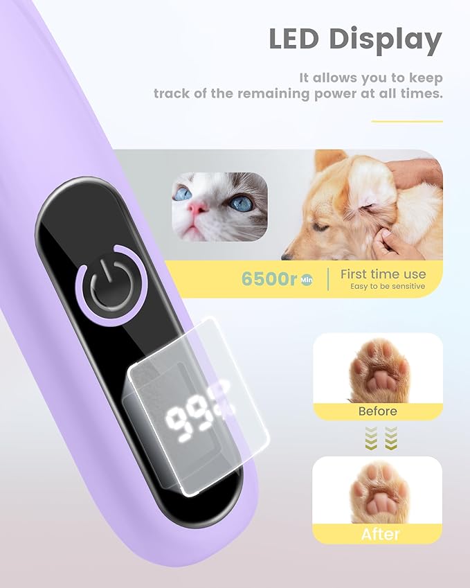 Dog Clippers with LED Display, Ultra-Low Noise, Cordless Dog Paw Trimmer for Paws, Ears, Face, Rump
