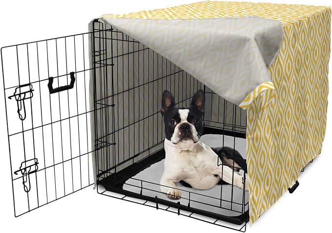 Lunarable Yellow Dog Crate Cover, Geometric Pattern with Ogee Shapes Waves and Curves Design Modern Boho Print, Easy to Use Pet Kennel Cover for Small Dogs Puppies Kittens, 22 Inch, Yellow and White