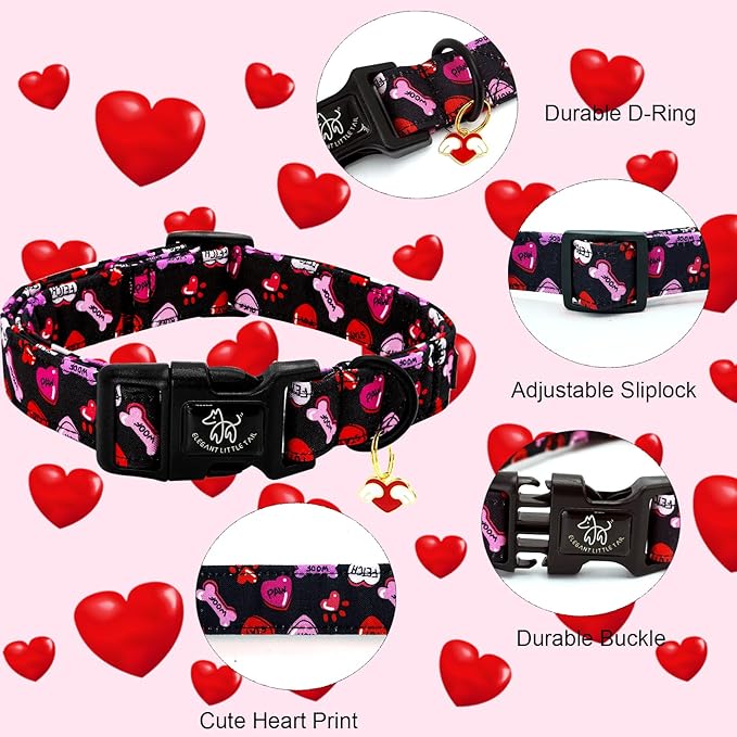 Elegant little tail Valentine's Day Dog Collar-Cute Heart Dog Collar for Medium Dogs, Female or Male Adjustable Cotton Pet Collar with Quick Release Buckle for Small Medium Large Dogs