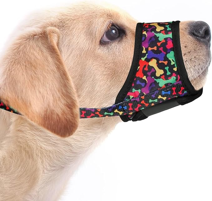 LUCKYPAW Dog Muzzle, Soft Dog Muzzles for Small Medium Large Dogs, Breathable Muzzles to Stop Biting and Chewing with Pattern, Allows Panting and Drinking (M-(Snout 5½"-8"), Black Bone)