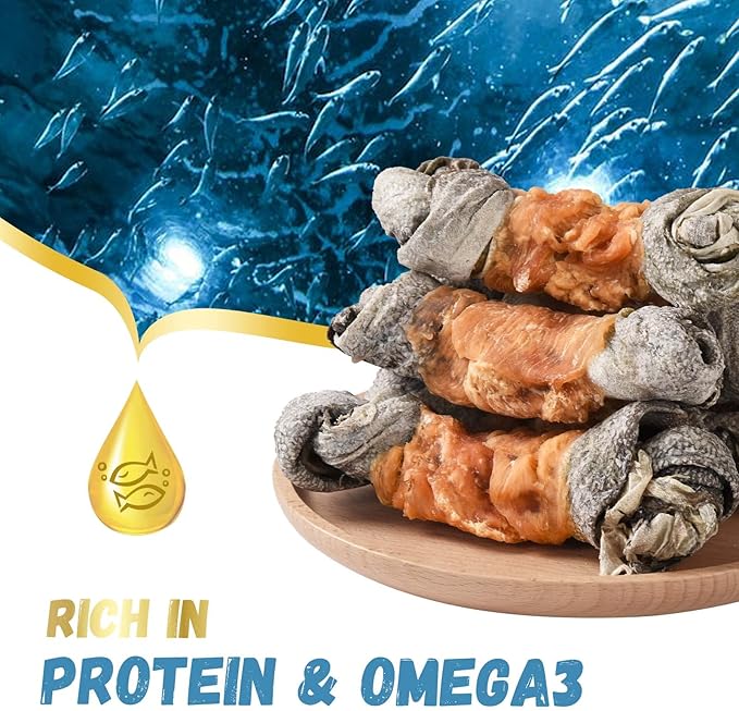 Chicken Wrapped Cod Skin Knotted Bones-6.5", All-Natural Healthy Dog Chew Treats Fish Skin, Rich in Omega3 Protein 5-6 Pcs 10.6 OZ