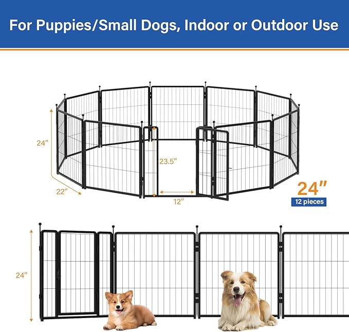 Dog Playpen for Indoor & Outdoor Use – Heavy-Duty Metal Pet Fence with Ground Stakes, Rounded Ball Tops for Safety, Stable & Foldable Design, Easy to Assemble 24 inch 12 Panels