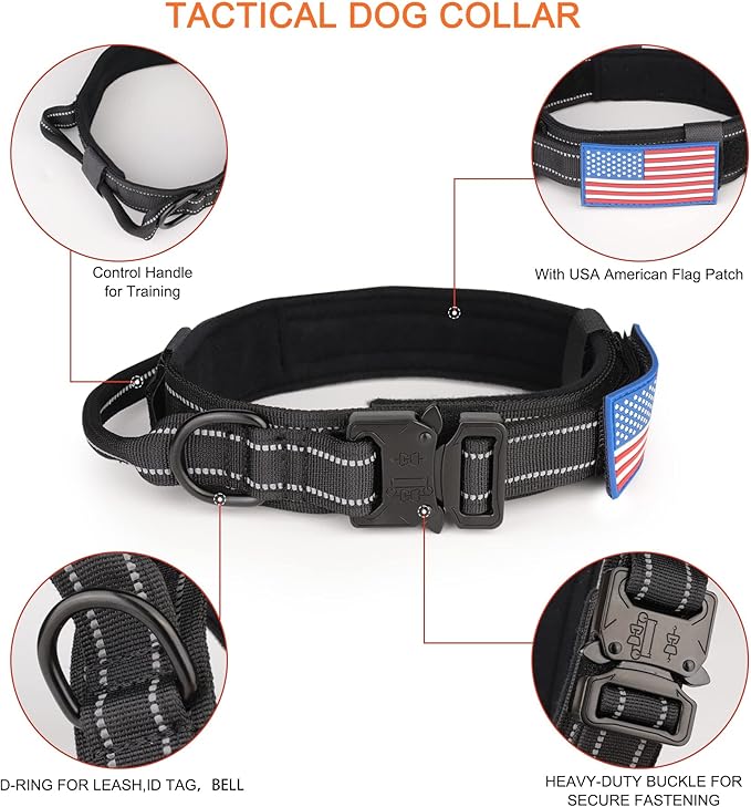 KCUCOP Tactical Dog Collar, Heavy Duty Dog Collar with Handle and Metal Buckle, Military Thick Dog Collars for Medium and Large Dogs(Black-Reflective Set-M, 1 Patch)
